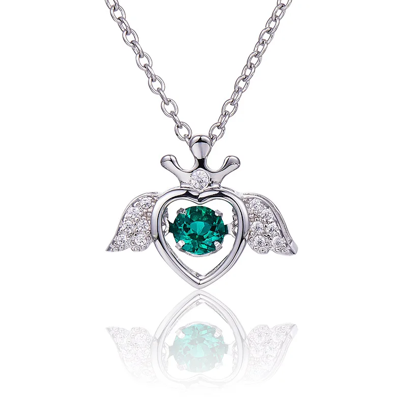 

High Quality Jewelry 0.25ct Emerald Green Moissanite 925 Sterling Silver Love Heart Crown Angel Wing Necklace, Silver,rose gold
