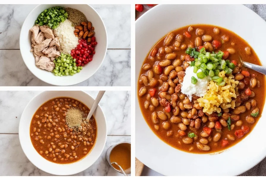 Step-by-step preparation of healthy turkey white bean chili showing ingredients in mixing bowls and final plated dish with toppings