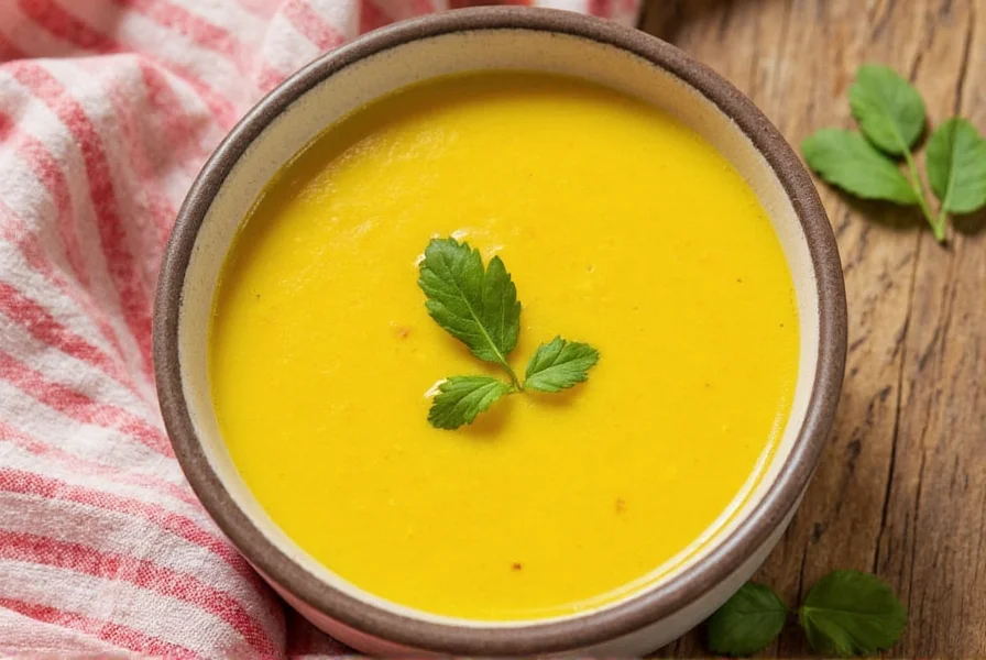 Golden chicken turmeric soup in white bowl with fresh herbs