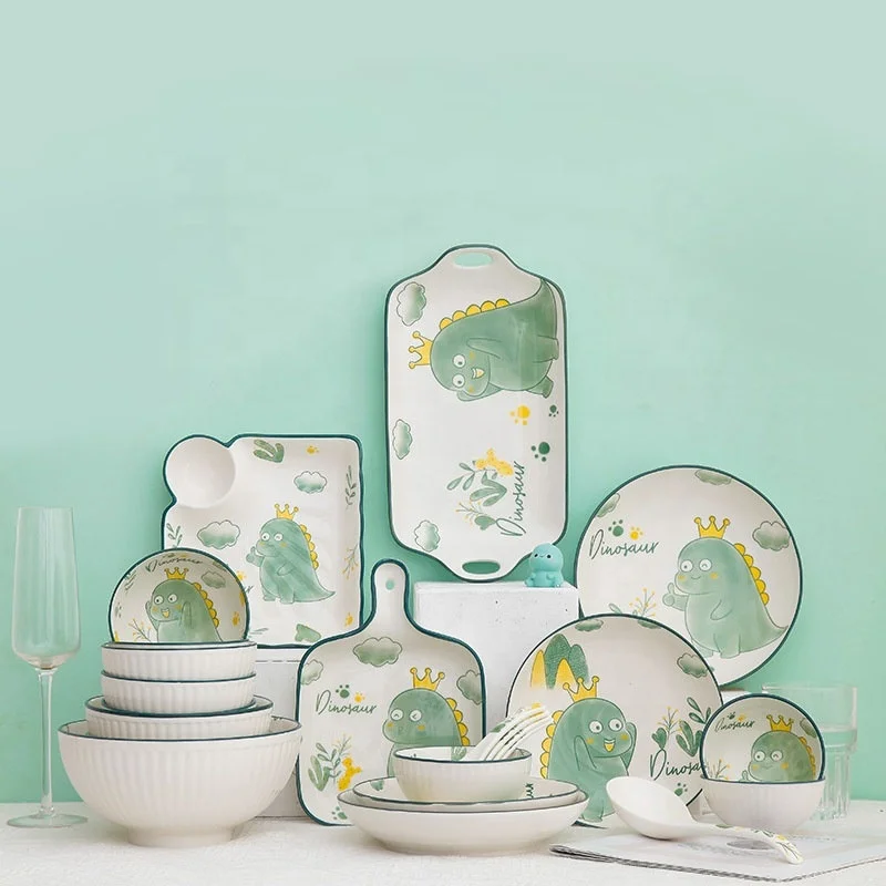 

Customized Home European Wholesale Fine Cartoon Dinosaur Dinner Set china Ceramic Porcelain Dinnerware Tableware Sets