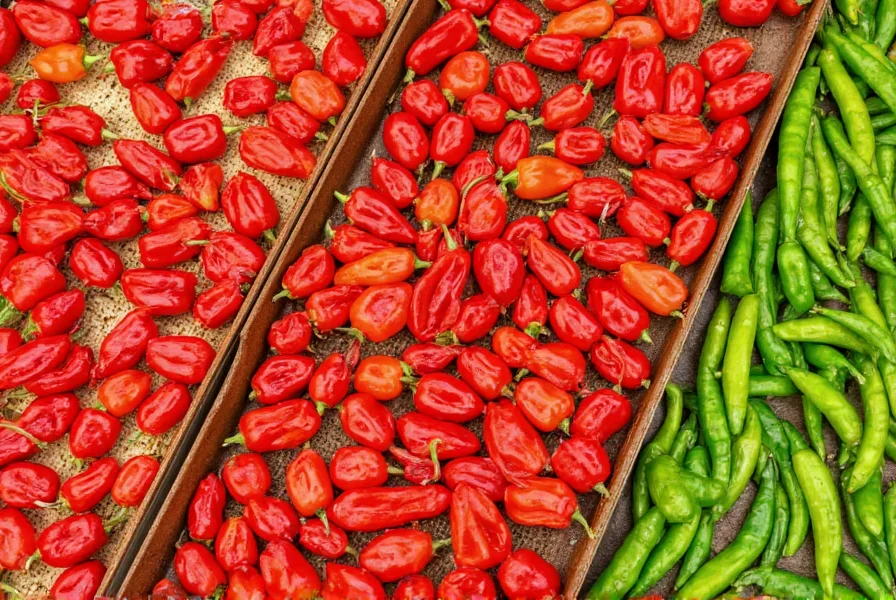 Assortment of red and green hot peppers arranged on dehydrator trays with even spacing