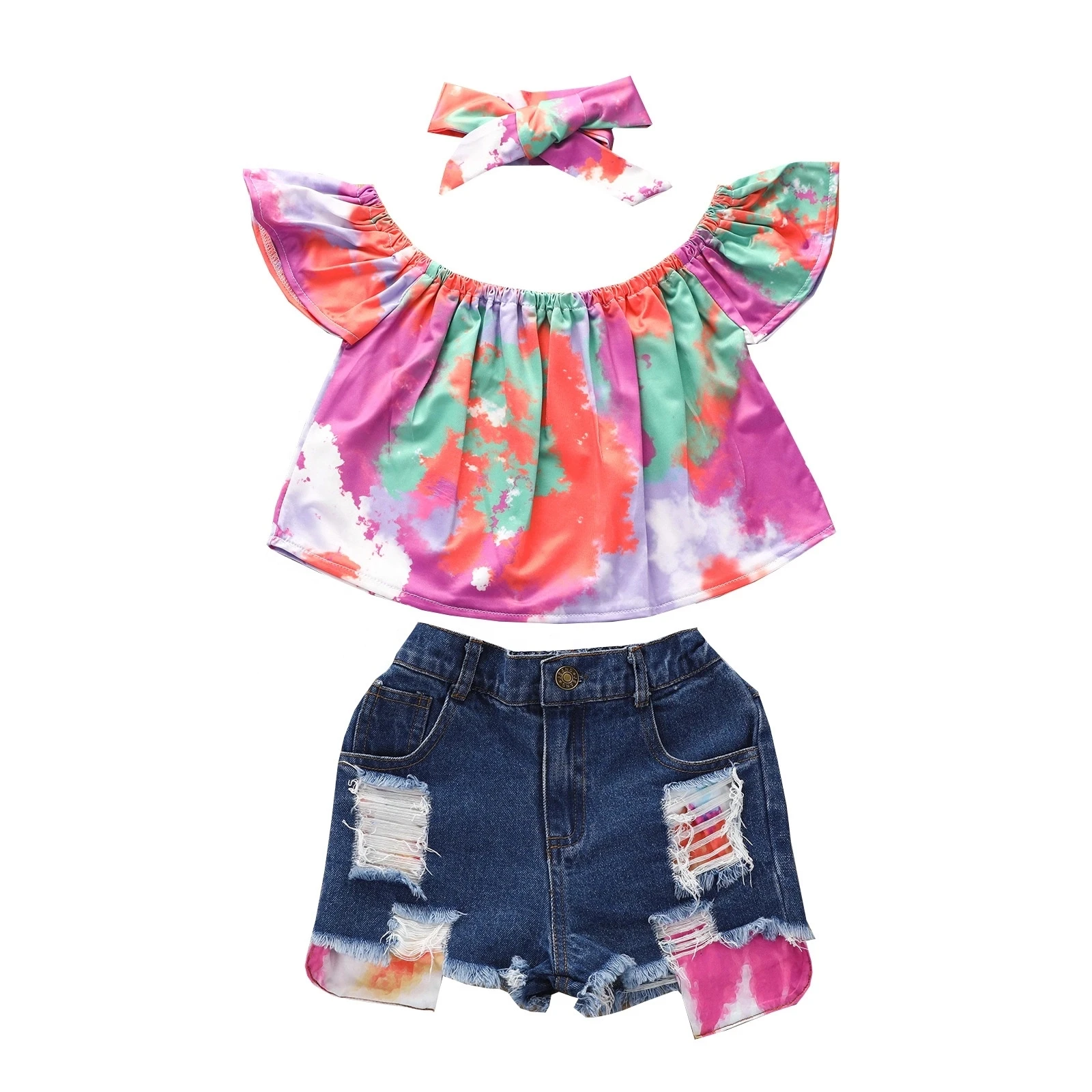 

Fashion Toddler Kid Baby Girls Clothes Tie-Dye Printed Tops with Ripped Denim Shorts Sets Children Baby Girl Clothing, As picture