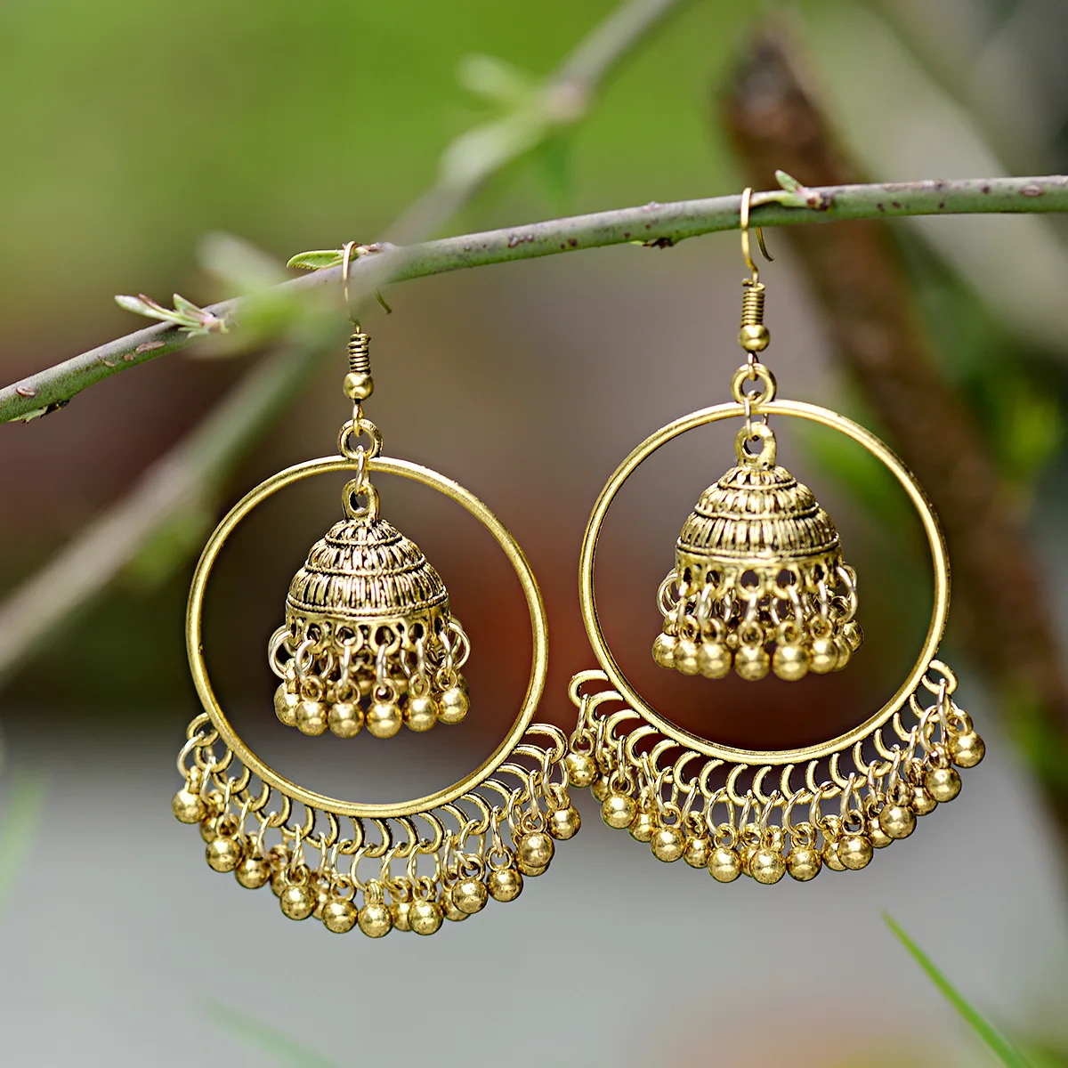 Oreleaa Earrings Oxidized Gold Jhumki in Pearl Beaded and Hollow Carved Metal For Women and Girls