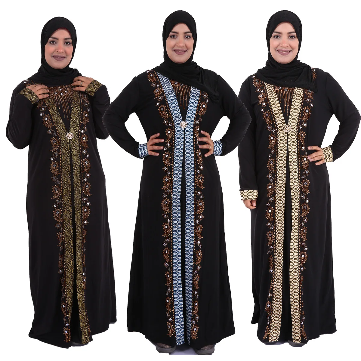 

High Quality Women Islamic Prayer Lady Black Robe Arabic Robe Hijab Rhinestone Printed Dress Muslim, Picture show
