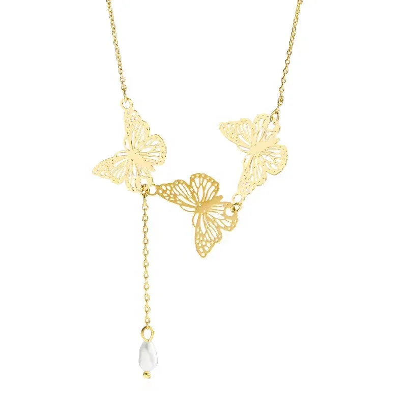 

Korean Handmade Jewelry 18K Genuine Gold Plated Three Pendant Charm Necklace Chokers Necklace Butterfly Necklace