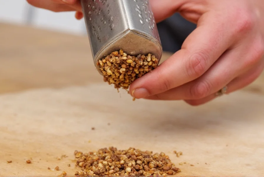 Close-up of hand using microplane grater on whole nutmeg seed with fine shavings collecting below