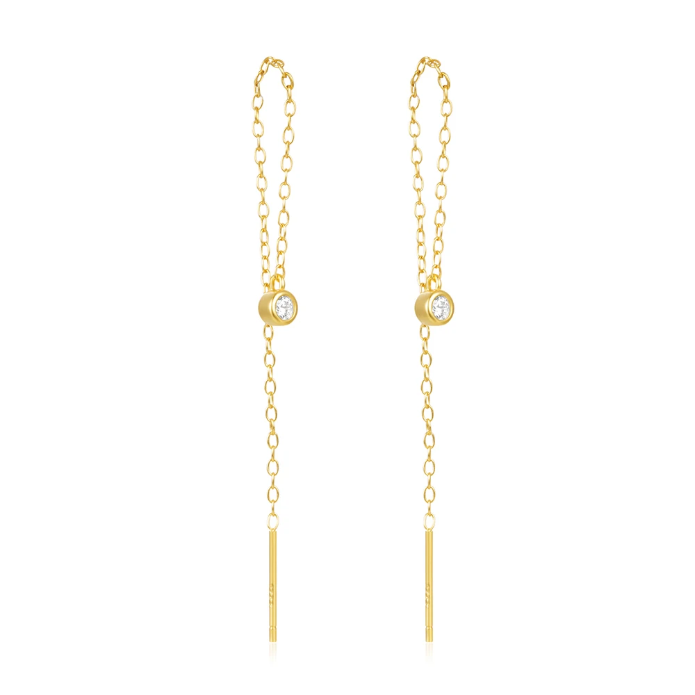 NEW Fashion Jewelry 925 Sterling Silver Long Tassel Chain Round Small Zircon Gold Plated Stud Earring Jewelry for Women