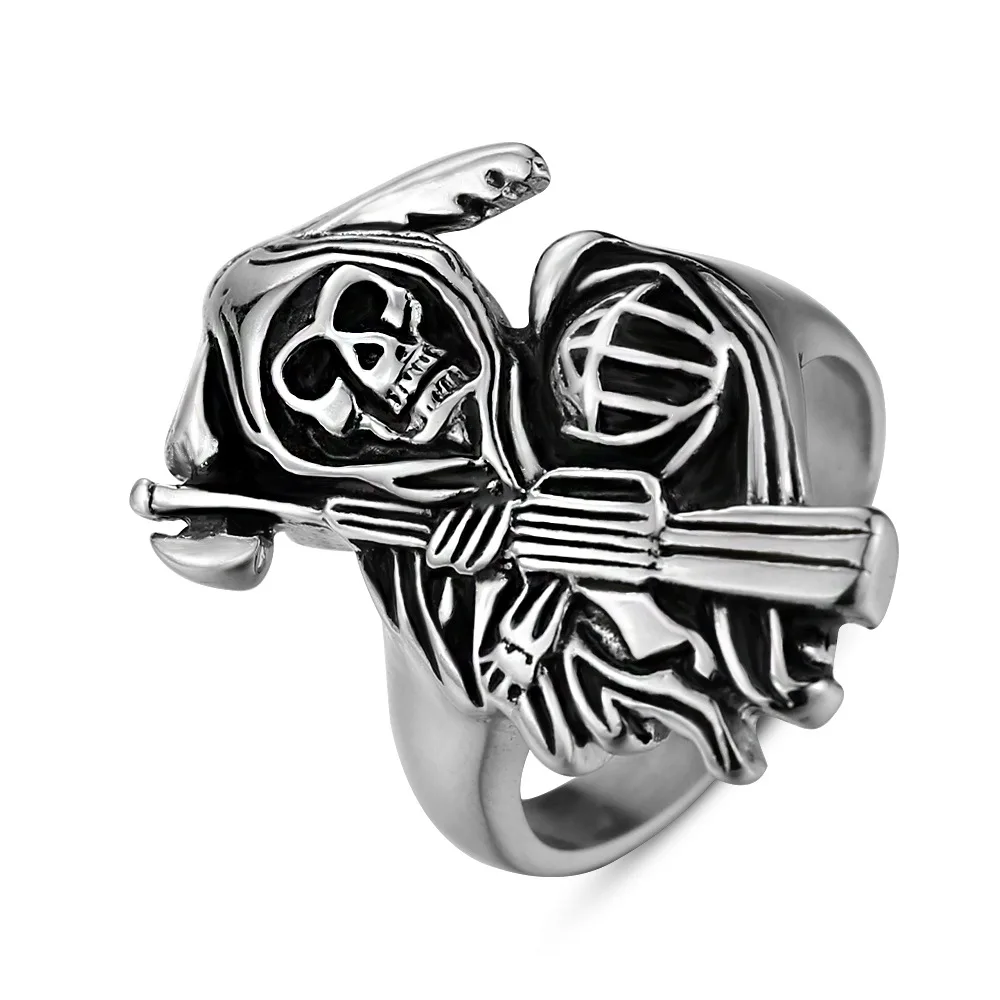 

Punk goth jewelry stainless steel death scythe skull ring men