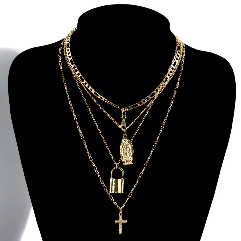 

Bohemian Jewelry Women Cuban Multi Layer Necklace Letter Cross Pendant Lock And Key Necklace, Gold