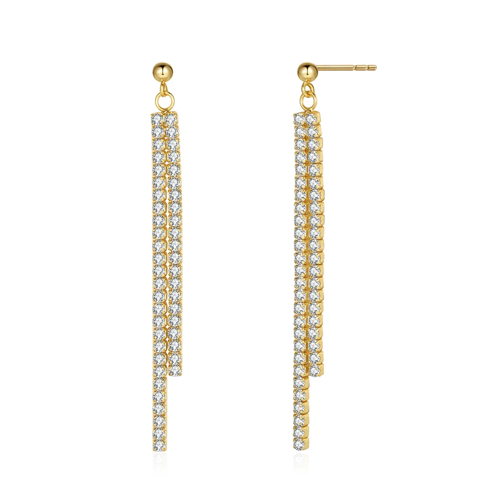 SE398 RINNTIN Hiphop 14K Gold Plated 57*4mm Double Lines 2.0mm CZ Chain Earring 925 Sterling Silver Tassel Earrings for Women