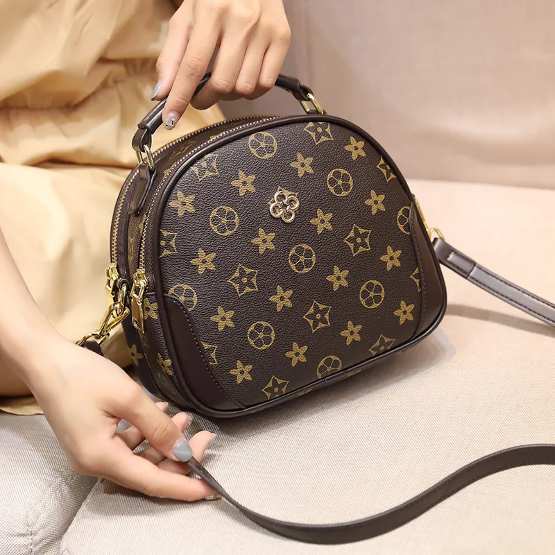 

High quality ladies luxury small brand shoulder round printed crossbody leather fashion handbag, As pic
