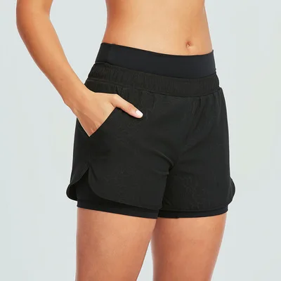 

2021 summer new high-waisted fa-k two-piece workout shorts black embossed fak two-piece yoga shorts