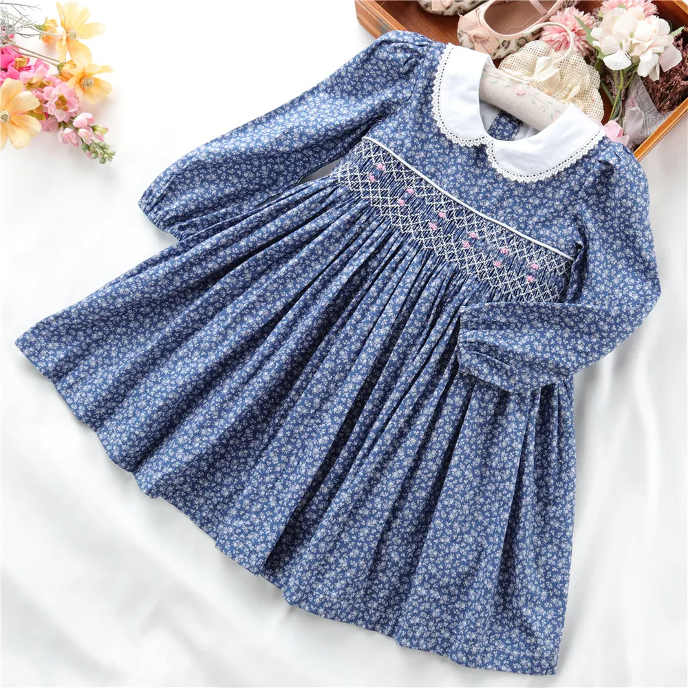 

long sleeve flower baby girls smocked dresses party birthday floral fall kids clothing casual children clothes B41570