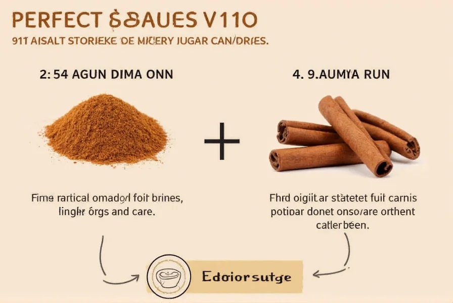 Close-up of measuring spoons showing 1 tablespoon of cinnamon next to 4 tablespoons of sugar for perfect cinnamon sugar ratio