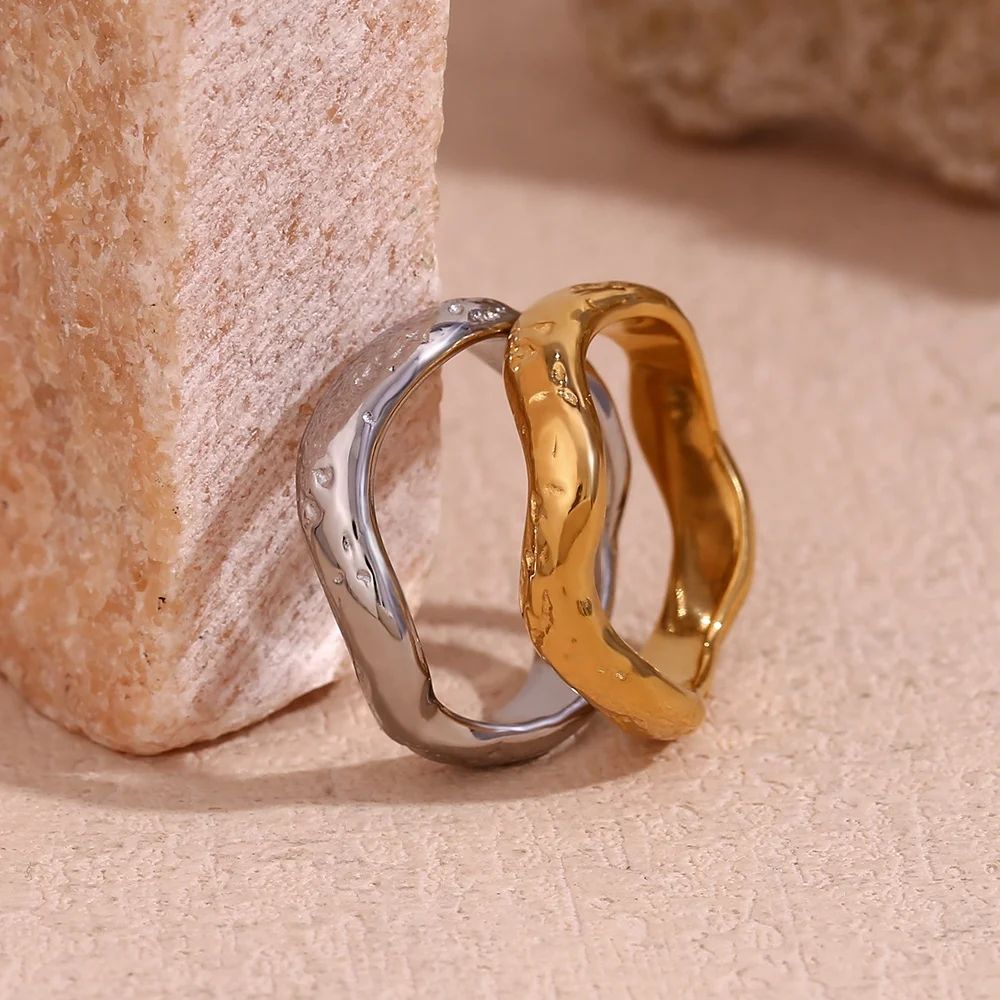 

Hammered Water Wave Gold Plated Jewelry Stainless Steel Stacking Ring Tarnish Free Jewelry