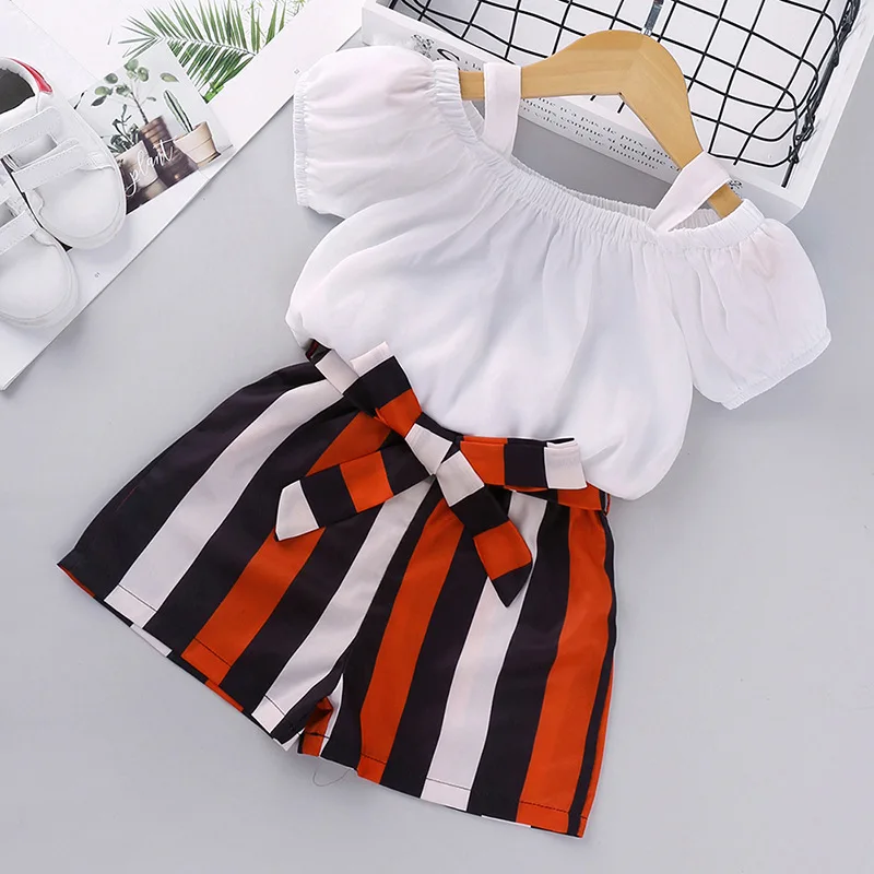 

Girls Outfits Solid White Top and Striped Shorts Fashion Clothes Kids Clothing Girls Set 2 Pieces Children Set