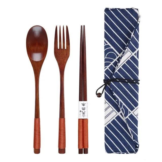 

Wood Portable Tableware Wooden Cutlery Set Travel Dinnerware Suit Reusable