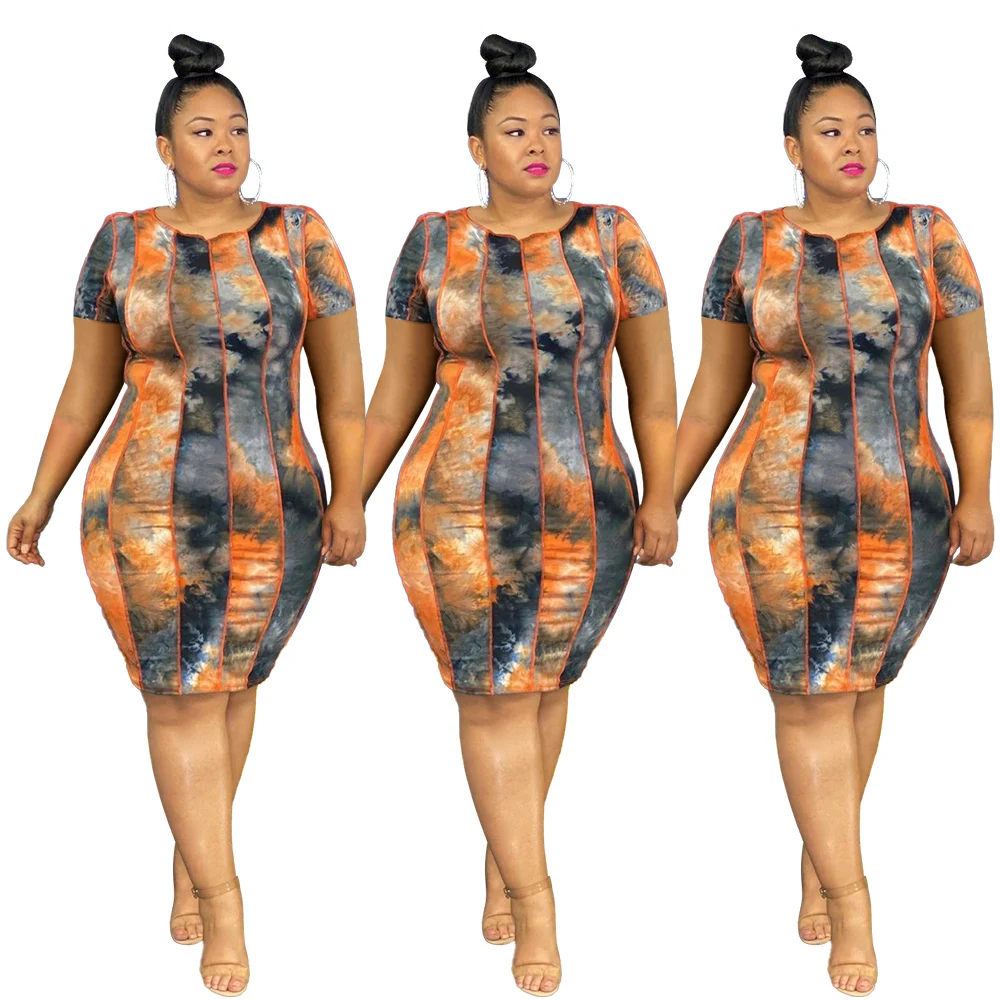 

L-5XL Plus size women clothing summer dress 2021 fashion tie dye printing short sleeve o neck dresses, Picture
