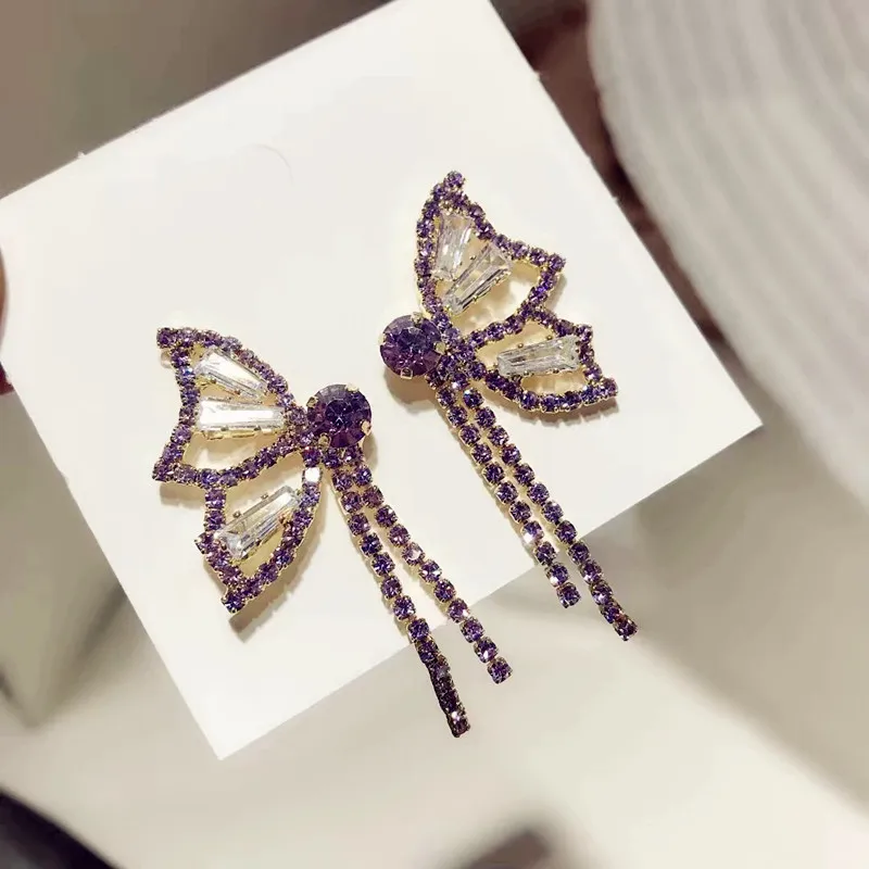 

Fashion Purple Rhinestone Tassel Earrings 925 Silver Needle Crystal Diamond Butterfly Earrings Women 2021, Like picture