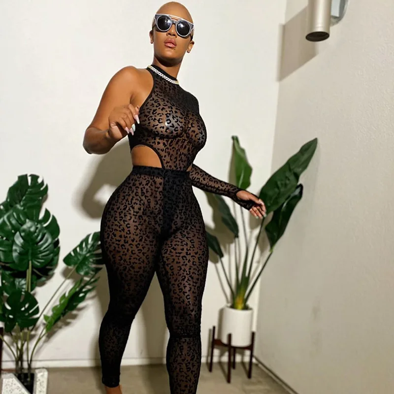 

2021 trendy night club wear Sexy mesh leopard print 2 piece bodysuit set one shoulder women clothing two piece sets bodysuit set, Leopard outfit 2 piece bodysuit and legging pants set
