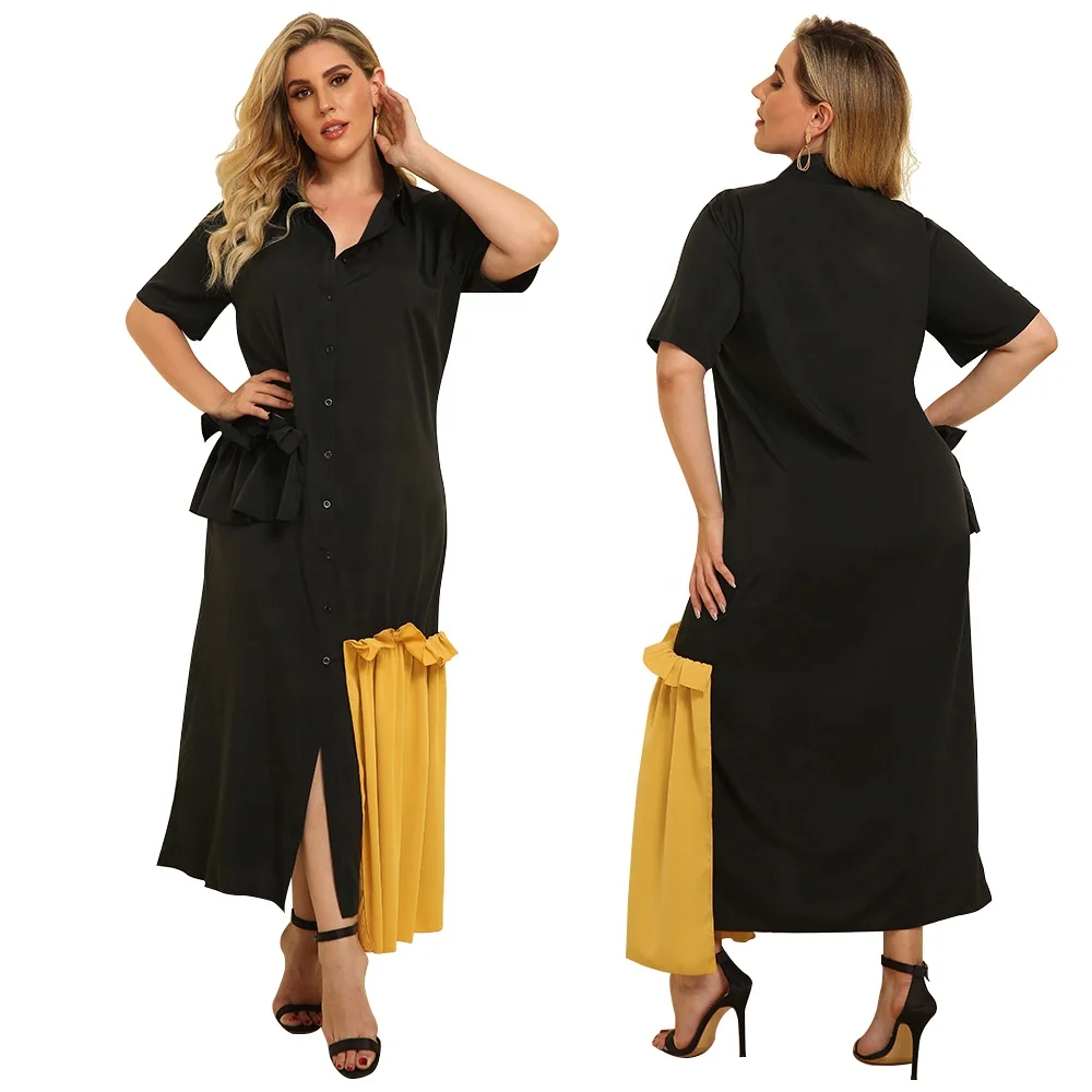 

New 2021 fashion polo collar contrast-color ruffled half sleeve dress latest dress designs for ladies clothing women, Black