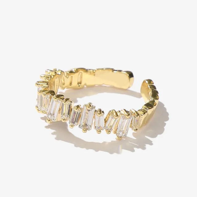 

High Quality Real 18k Gold Shiny Rectangle 5A CZ Crystal Open Finger Rings Irregular Clear Cubic Zirconia Open Ring, As picture