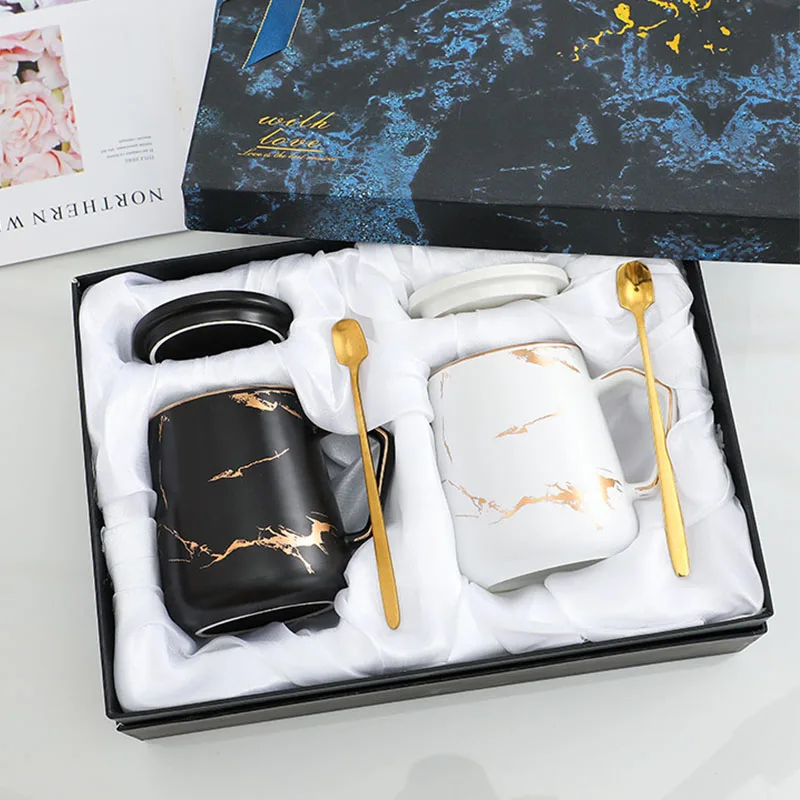 

New gift package couple gold marble design coffee mug set custom logo gift couple ceramic mug with spoon and lid 301-400ml, Same as picture or customized