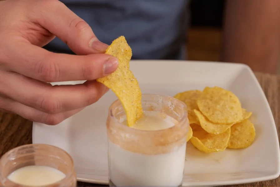 Person carefully eating a single ghost pepper chip with milk and dairy products nearby for heat relief
