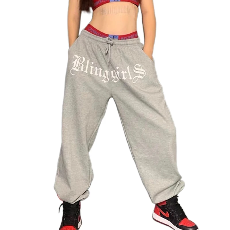 

Spring  Graphic Printing Cotton Drawstring Elastic Waist Pants Hip Hop Loose Grey Sweatpants Women Joggers with Pockets, Have color swatch for choose