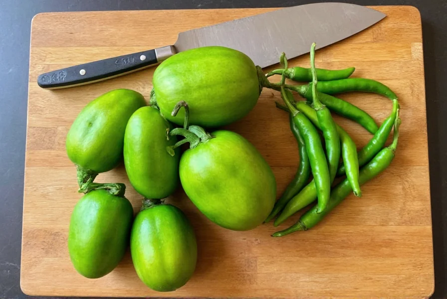 Fresh tomatillos and green chiles arranged on wooden cutting board with cooking utensils