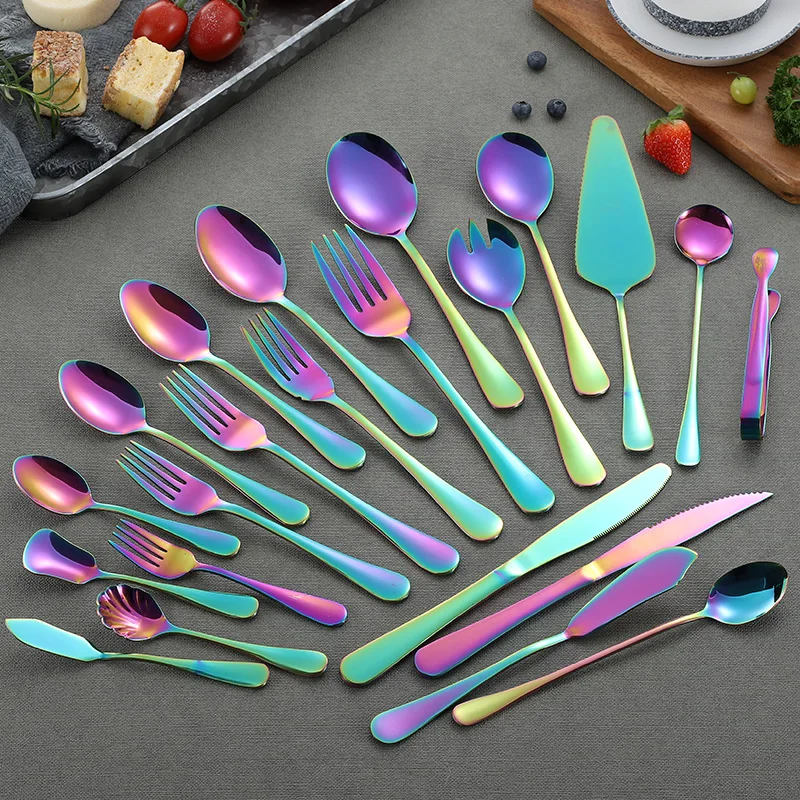 

Flatware Knife Fork Spoon Silverware Sugar Clips PVD Titanium Rainbow Stainless Steel Flatware Sets Hotel Restaurant Home Metal, Colorful rainbow