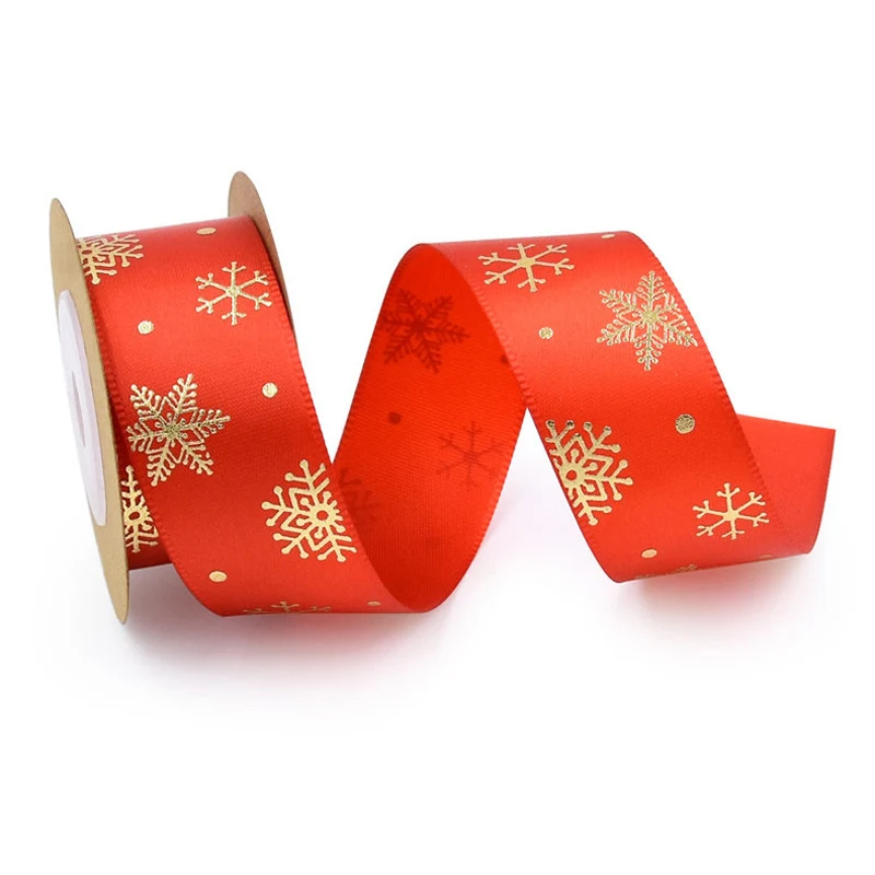 

(5 Yards/lot) 25mm Red Gold Hot Stamping Snowflake Decorative Ribbon Christmas Decoration High Quality Ribbons