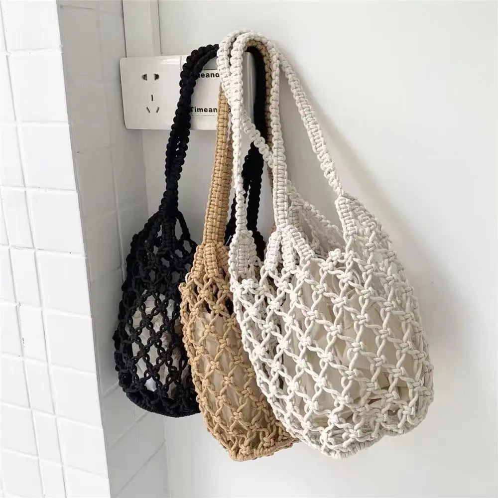 

New Hand Knitted Mesh Net Handbag Hollow Cotton Beach Shoulder Bags Women Summer, White