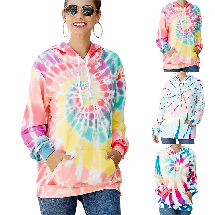 

Hot Sell Tie Dye Print Hoodie Long Sleeve Drawstring Pullover Tops Loose Casual Sweatshirt For Women Tie Dye Rainbow Hoodie