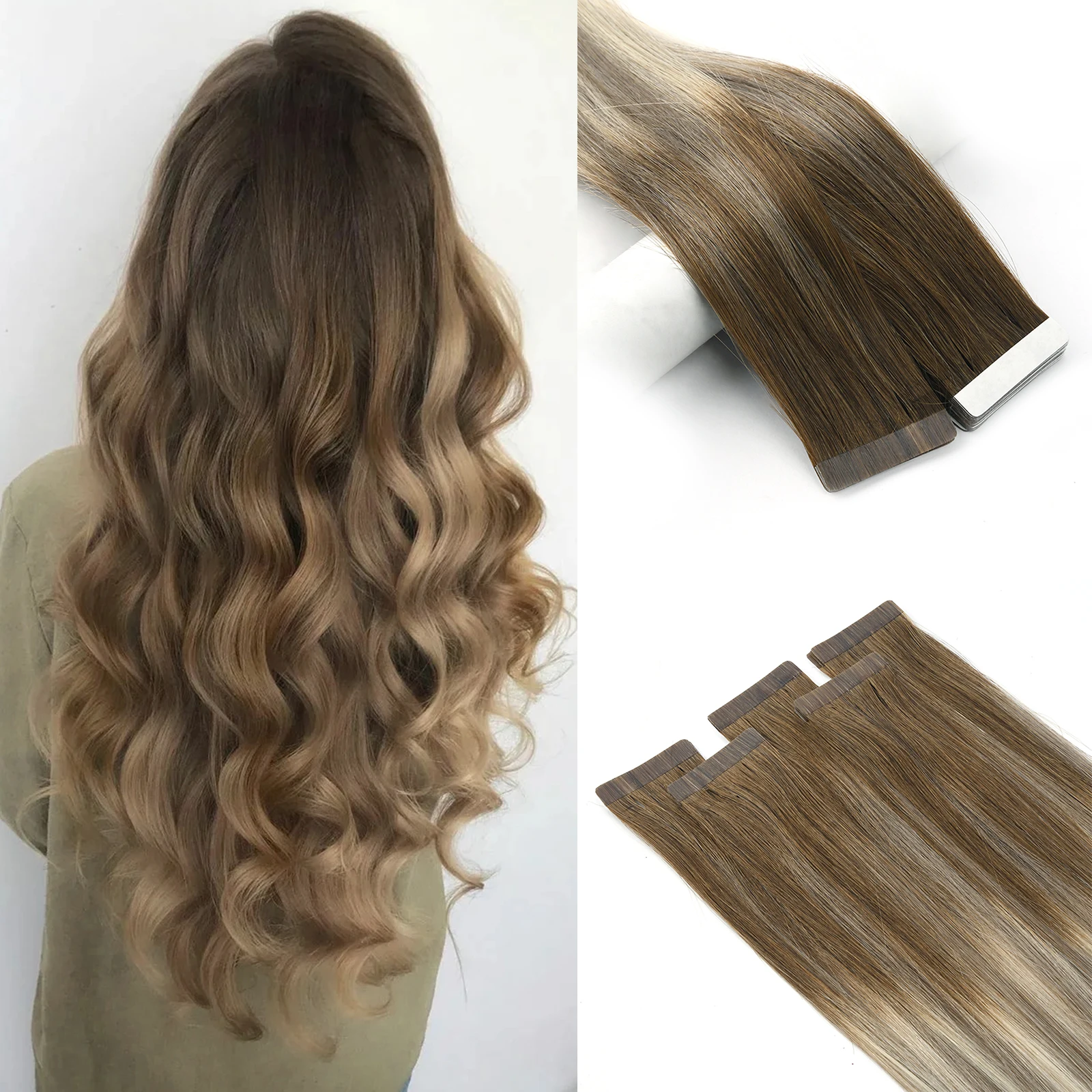

Remy thick natural 20inch balyage Human Hair Extension tape invisible tape in hair extensions straight long curly hair 40piece