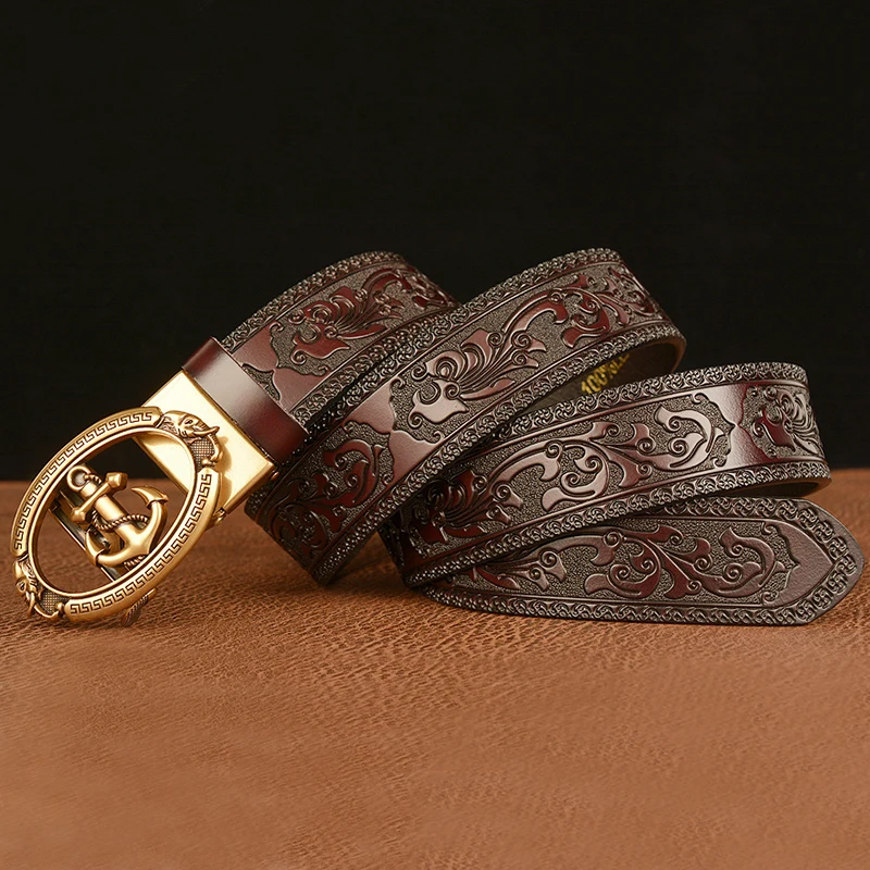 

Drop Shipping Genuine Leather Vintage Retro Strap Waist Belt Manufacturers Men Metal Automatic Buckle Belt
