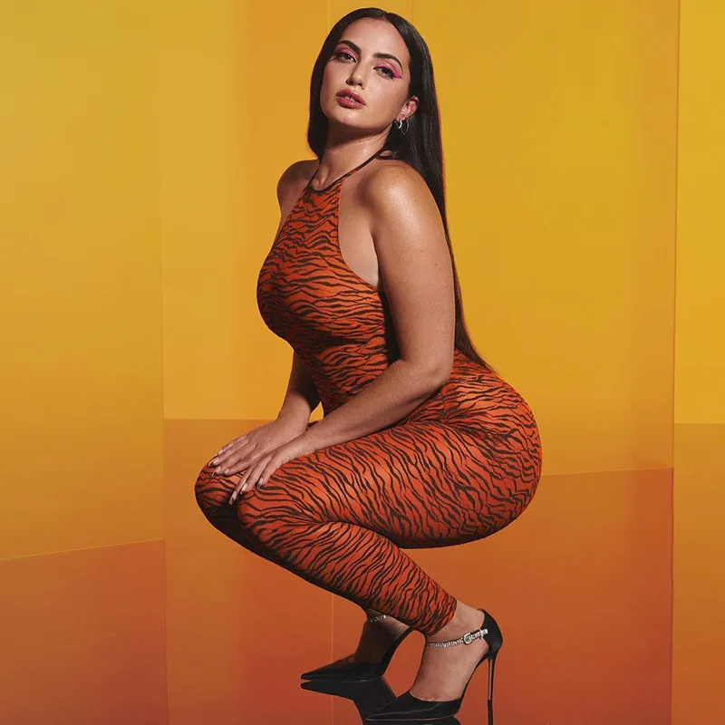 

kuchi summer new arrival tiger pattern print sleeveless hollow out sling bandage tight trousers jumpsuit for women