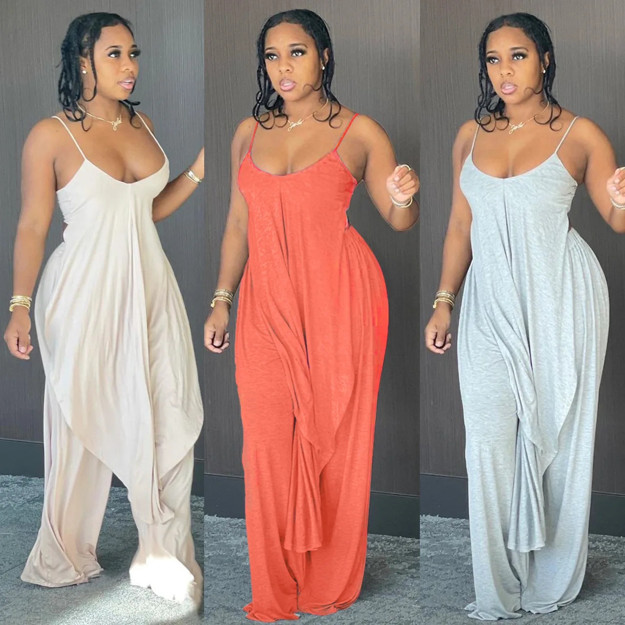 

W 2021 Plus Size Summer women fashion Solid color sexy condole belt loose wide leg pants casual two sets, Orange gray apricot black or customized