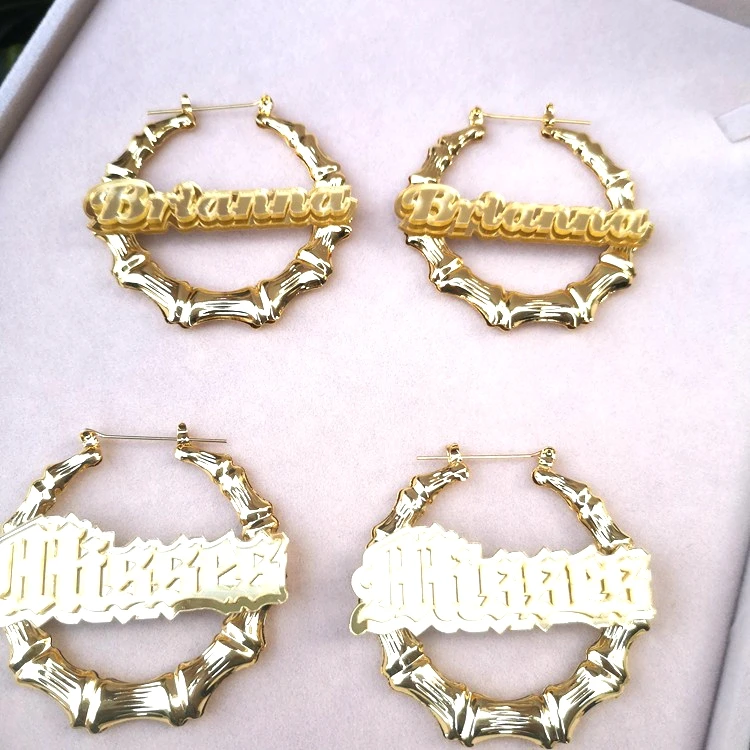 

Jialin Jewelry Big gold plated bamboo hoop name custom earrings with logo