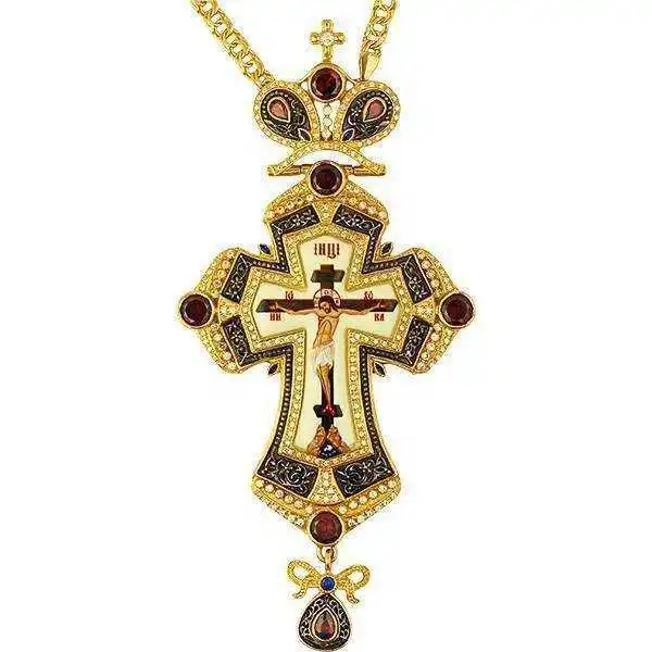 

2021 Latest Greek Gold and Black Gun Plated Alloy Orthodox Russian Pectoral Cross with Jesus Icon Necklace