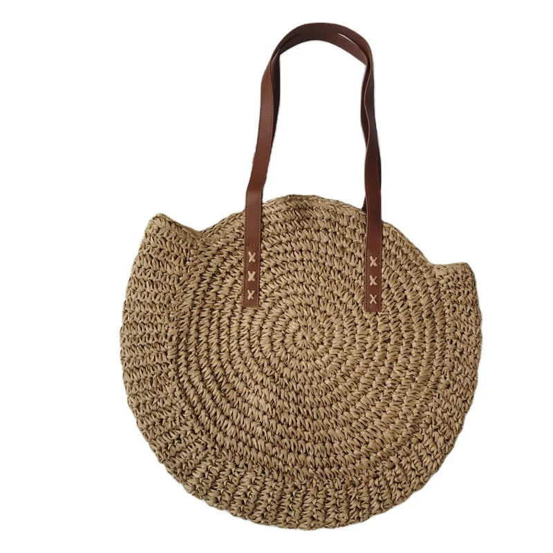 

Paper Straw Round Shoulder Beach Crochet Woven Pocket Fabric Lining women hand bag, Natural