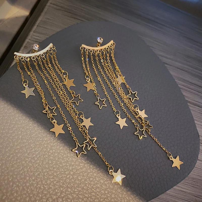 

925 Light Luxury Temperament Long Star Tassel Exaggerated Earrings