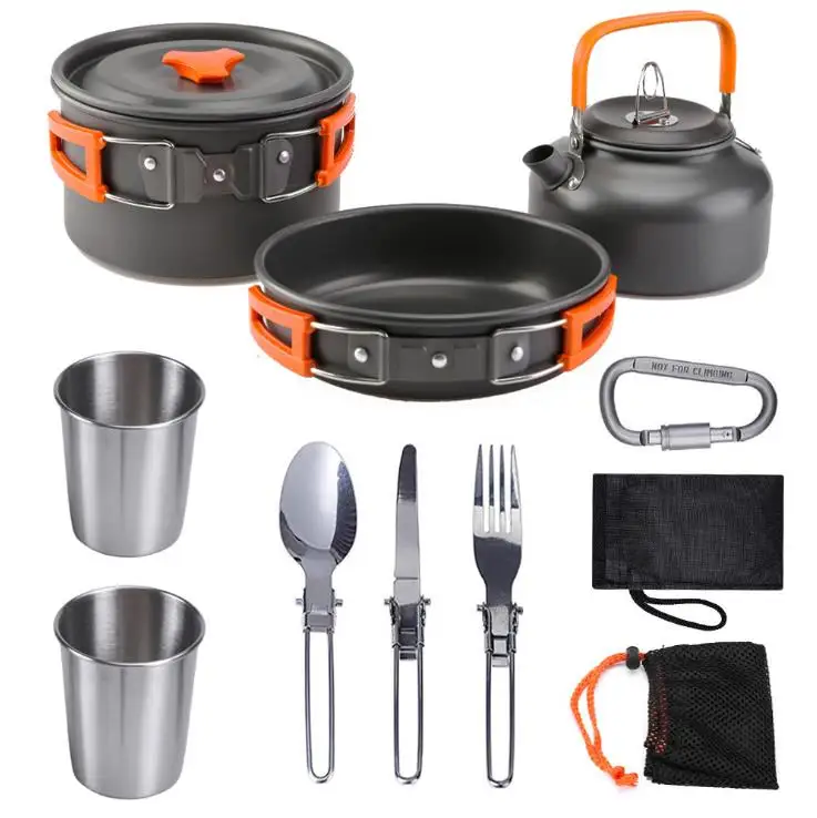 

outdoor portable aluminium camping backpacking cookware equipment pot teapot cup picnic set, Green handles, orange handles