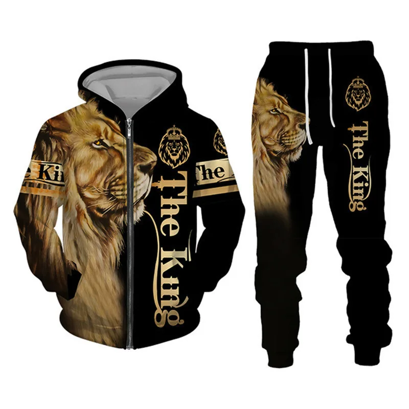 Customized Casual Streetwear  lion 3D Digital Printed Man and Women of  Children's and Adult  Zippered Oversized Hoodie Set