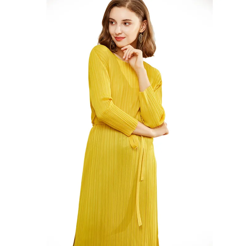 

2020 New Arrival Women Round Colla Long Sleeved Ankle Length Belt Straight Summer Long Casual Dresses