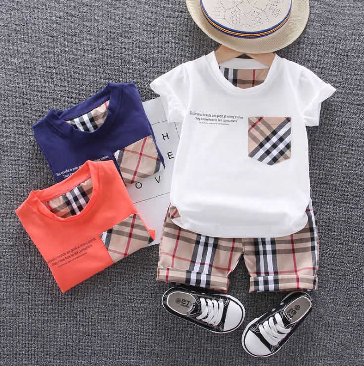

2020 New Summer Boys Infant Casual Sports Suit Pocket T-Shirt + Plaid Shorts Boy's Clothing Sets, As picture or customized