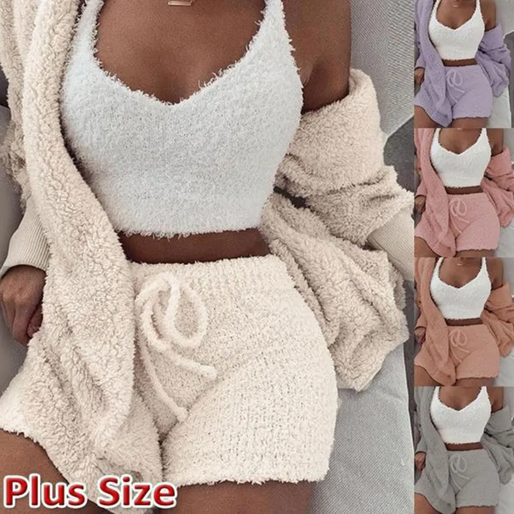 Fluffy Hooded Open Front Teddy Coat & Short Sets