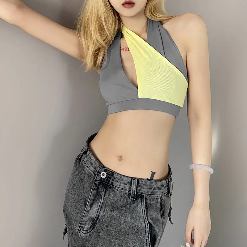 

2021 new arrivals summer collection halter contrast panel design women fashion sexy crop top