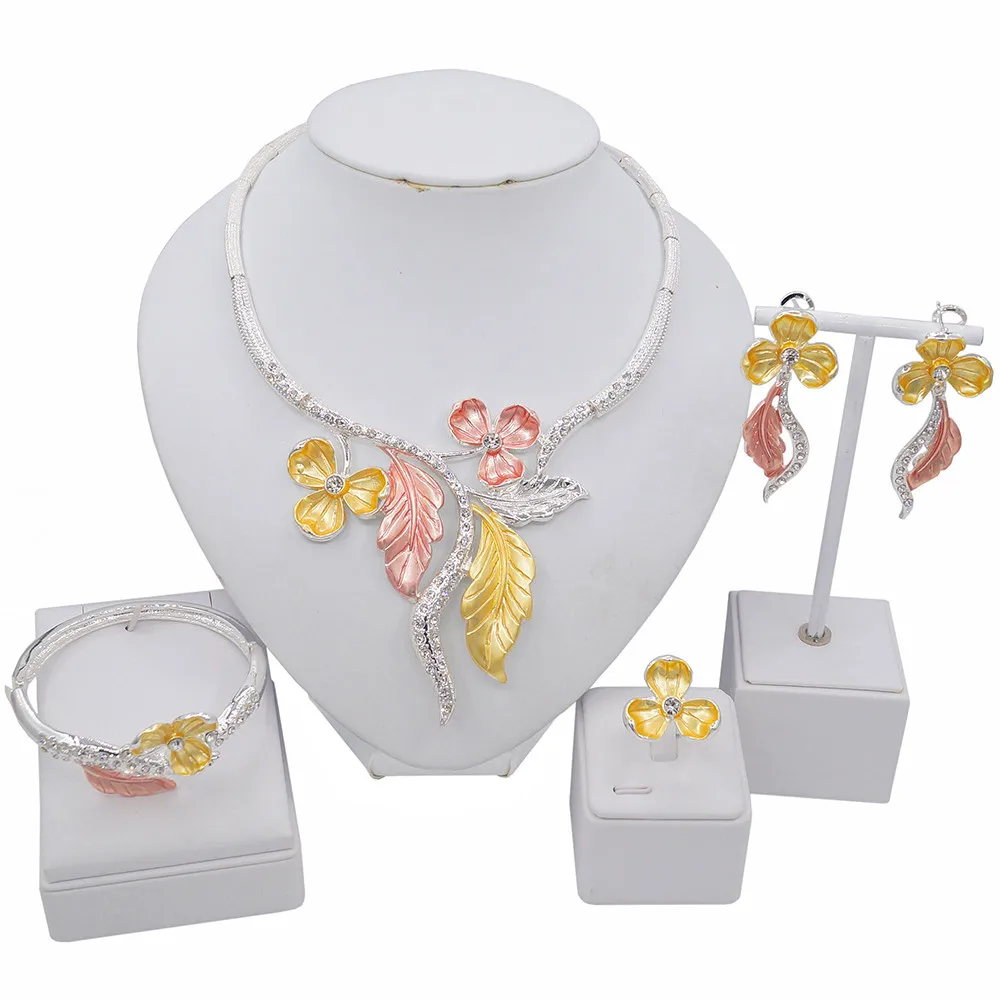 

Yulaili Dubai Gold Latest Fashion Design Alloy Flower Pink Silver Yellow Necklace Earrings Bangle Ring Jewelry Set