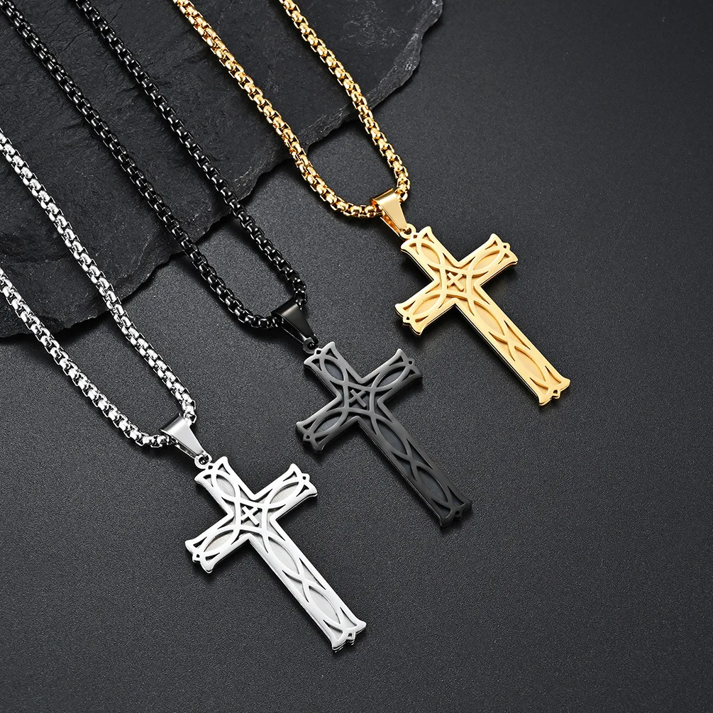 

Large Cross Necklace Stainless Steel Irish Knot Engravable Cross Pendant Simple Trending Cross Necklace for Men and Women